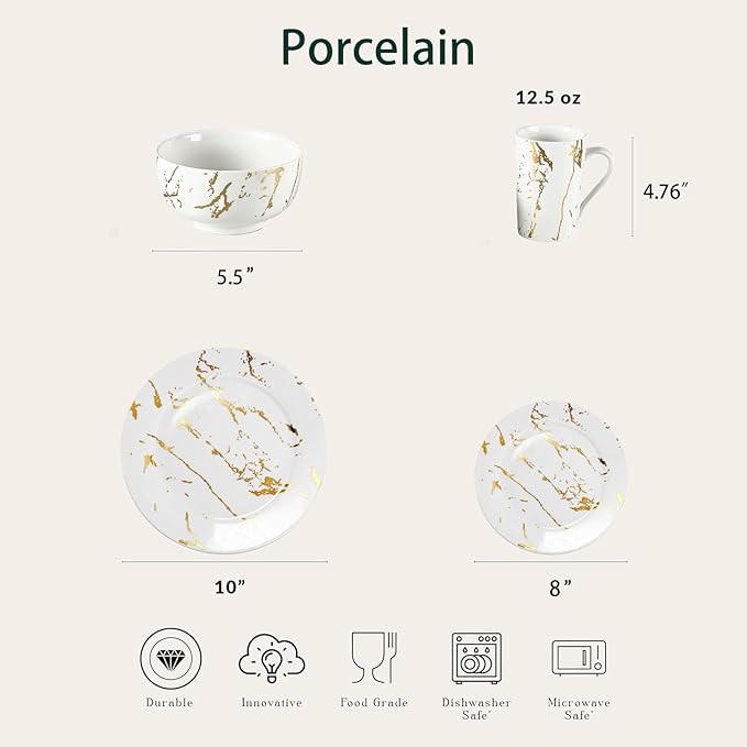 Modern Porcelain 16 Piece White Dinnerware Set,Plates and Bowls Sets,Gold Dish Set for 4,White Dinnerware Set,Dinner Sets with Dinner Plates.