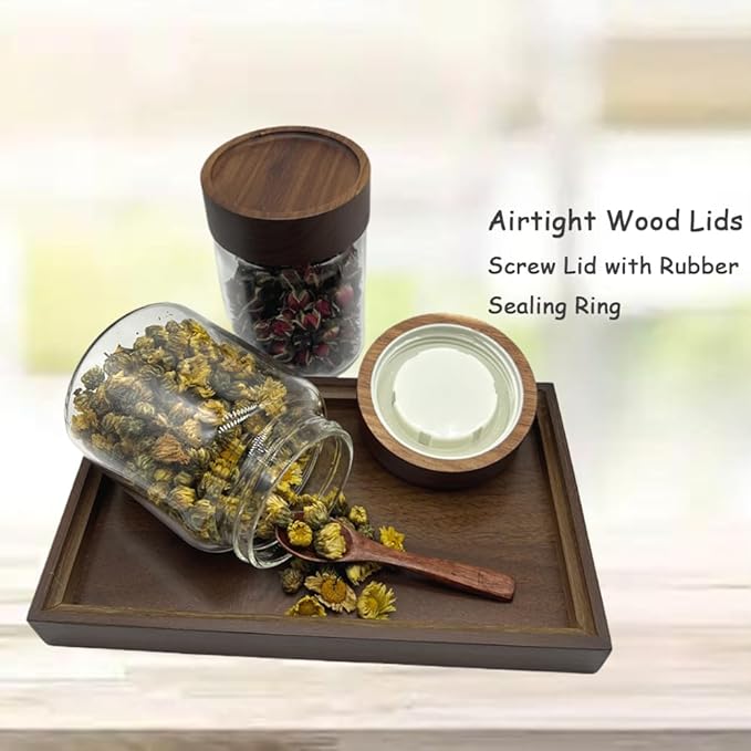 Clear Glass Storage Canister with Airtight Wooden Screw Lid 11oz/350g 2 PACK with Tray,Decorative Container Jar for Coffee,Spice,Candy,Salt,Cookie,Condiment,Pepper,Sugar,Overnight Oatmeal