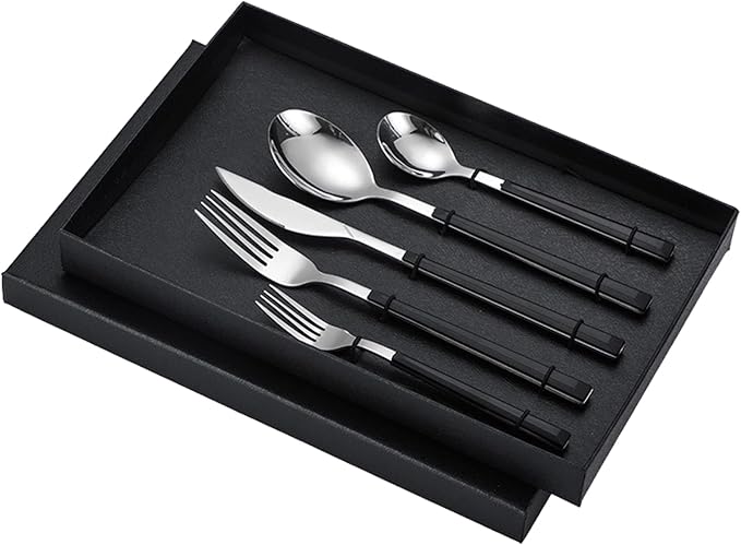Stainless Steel Dinner Cutlery Set Elegant Flatware Serving Utensils 5 Pieces for Family Gatherings Wedding Picnics, Solid Stainless Steel (Black Handle)