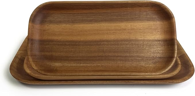 Acacia Wooden Plates Set of 3, 8/8/10 Inch Rectangular Serving Platters for Charcuterie, Appetizers, Acacia Wood Plates, Stackable Dinnerware Trays for Kitchen, Party & Entertaining (Rectangular Tray)