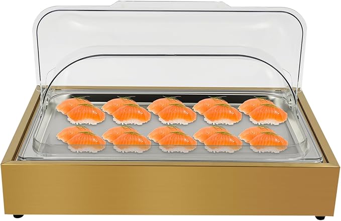 Ice Food Serving Tray, Stainless Steel Food Serving Container with Clear Roll Top Cover, Cold Buffet Platter Cooler Chiller, Food Display Plate for Seafood Fruit Desserts Party Catering
