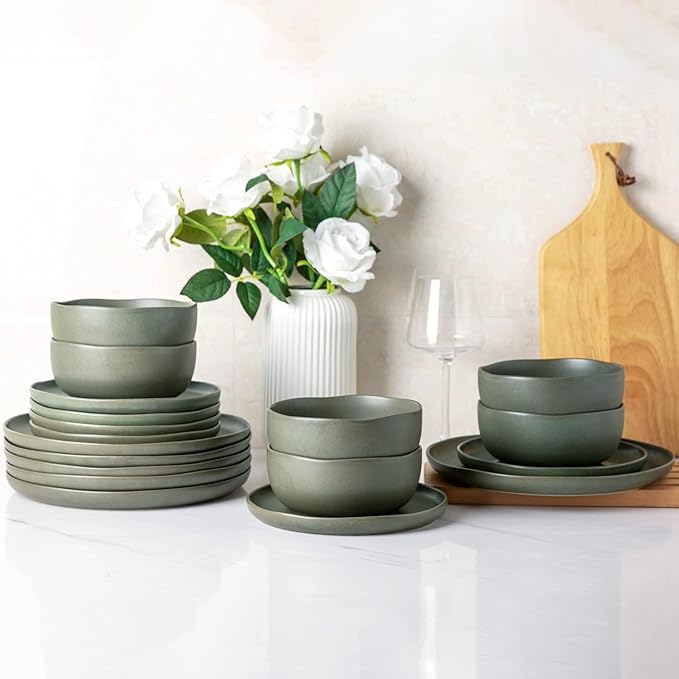 AmorArc Ceramic Dinnerware Sets, Wavy Rim Stoneware Plates and Bowls Sets, Highly Chip and Crack Resistant | Dishwasher & Microwave & Oven Safe Dishes set, Service for 6 (18pc)