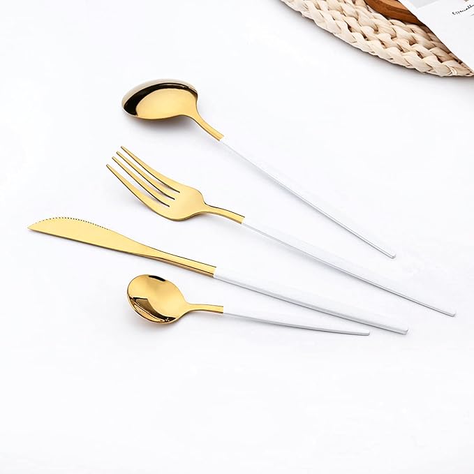 32 pcs Splicing Color handle Cutlery Set, Mirror Gold 18/0 Stainless Steel Flatware Set For 8, Metal Tableware Kitchen Utensils Include Dinner Knife/Fork/Spoon/Teaspoon, White Gold