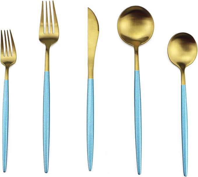 Gugrida Blue Gold Flatware, Royal 5 Piece Matte Blue Handle 18/10 Stainless Steel Tableware Sets for 1 Including Forks Spoons Knives, Camping Silverware Travel Utensils Set Cutlery (Blue Gold)