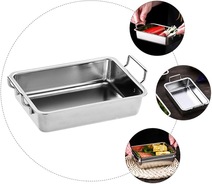 VOSAREA 1Pc Stainless Steel Food Tray with Handles Smooth Surface Snack Holder for Barbecue Fruits and Snacks Practical Silver Platter for Easy Serving