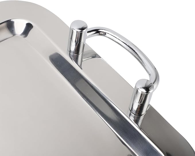Dioche Steel Serving Tray Stainless Steel Platter with Handle – Multifunction Portable Serving Tray for Restaurant & Hotel Buffet, Rectangle Shape, 47.5cm (Rectangle Shape with Silver Handle, 47.5cm)