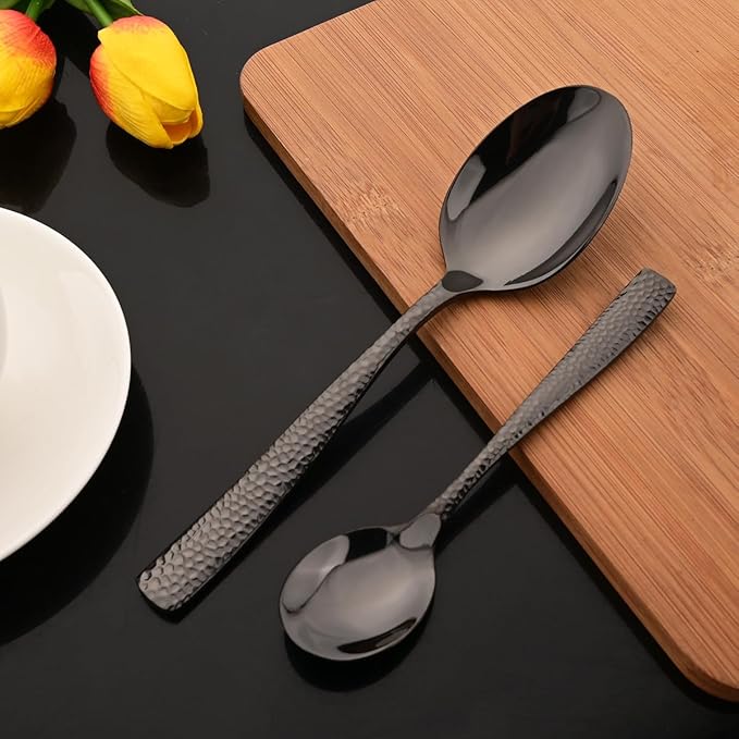 JASHII 5-Piece Black Hammered Flatware Hostess Set Stainless Steel Serving Fork Slotted Serving Spoon Butter Knife Teaspoon Set for Buffet Party Mirror Polished Dishwasher Safe