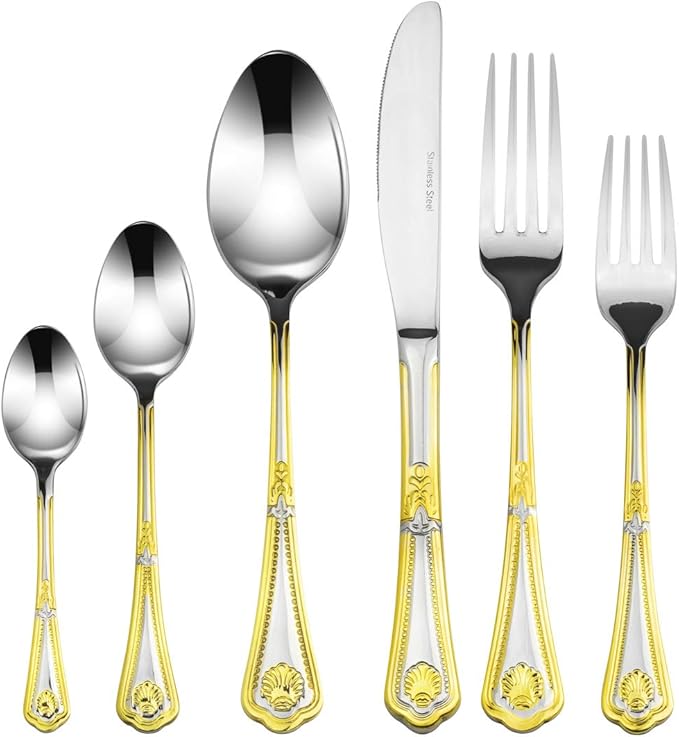Venezia Collection 75-Piece Fine Flatware Set, Silverware Cutlery Dining Service for 12, Premium 18/10 Surgical Stainless Steel, 24K Gold-Plated (gold sets only) Hostess Serving Set (Seashell)