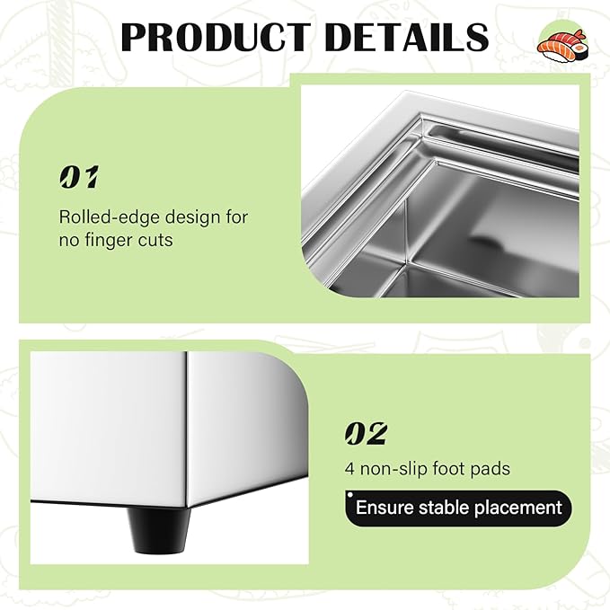 Ice Food Serving Display Tray with Clear Roll Top Cover, 1 x 1 Pan Stainless Steel Cold Food Buffet Condiment Dispenser Display Rack with 1 Clip & 2 Ice Trays for Restaurant Hotel Kitchen Party