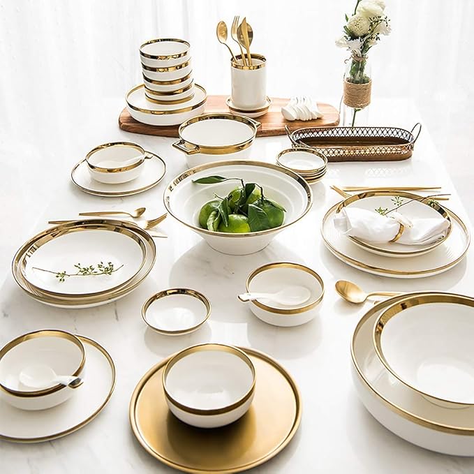 Fine Dinnerware Set,Gold Halo White Porcelain Dinnerware Set, Complete Ceramic Plates and Bowls Sets, Modern Creativity Vintage Round High Class Dishes Set, Luxurious Mel