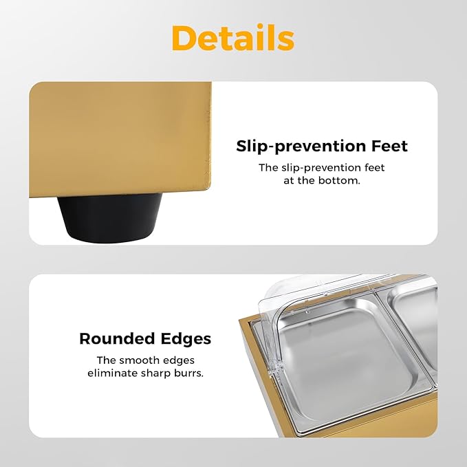 Ice Food Serving Display Tray, 6L Spice Display Salad Dressing Cooler Food Dishes Display Plate Case w/Clear Roll Top Cover for Outdoor Buffets Parties & Restaurant (Gold)