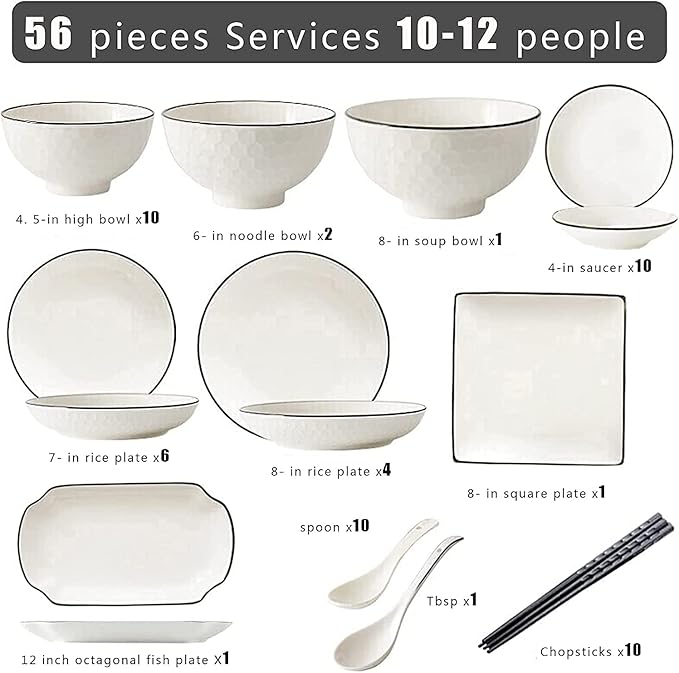 Dinnerware Set Luxury Family Dinner Service Set, 56-Piece White Dinnerware Sets, Modern European Dinner Plate and Bowl Set, Table Service for 10-12, Phnom Penh Tableware,