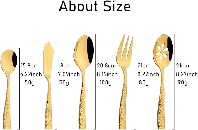 JASHII 5-Piece Gold Hammered Flatware Hostess Set Stainless Steel Serving Fork Slotted Serving Spoon Butter Knife Teaspoon Set for Buffet Party Mirror Polished Dishwasher Safe