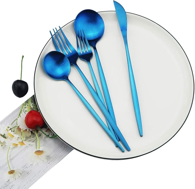 30 Pieces Titanium Blue Plated 304 Stainless Steel Flatware Sets, Satin Finish Silverware Set Include Dinner Knife Fork Spoon, Cutlery Set,Matte Polished Utensils Service for 6