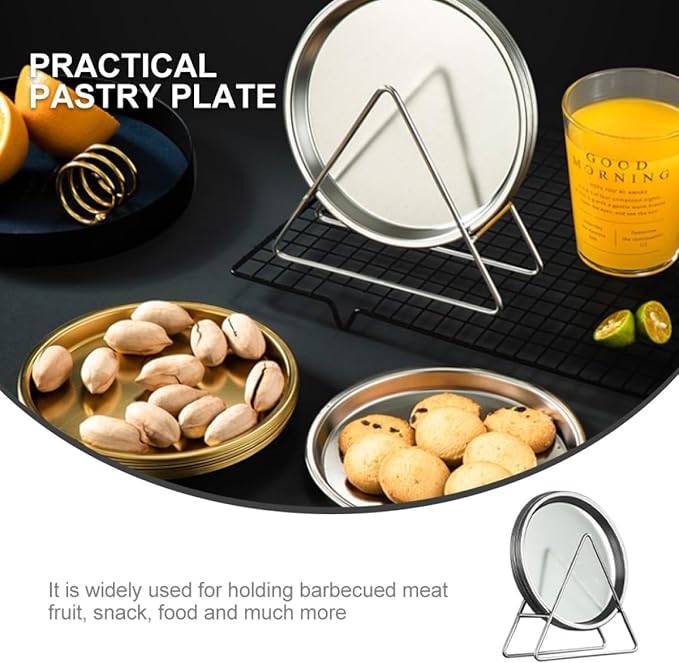 Wakauto Stainless Steel Pastry Serving Tray and Roast Meat Food Plate Set with Storage Rack, Modern Silver, 6pcs Snack Dish Collection for Restaurant and Home Use
