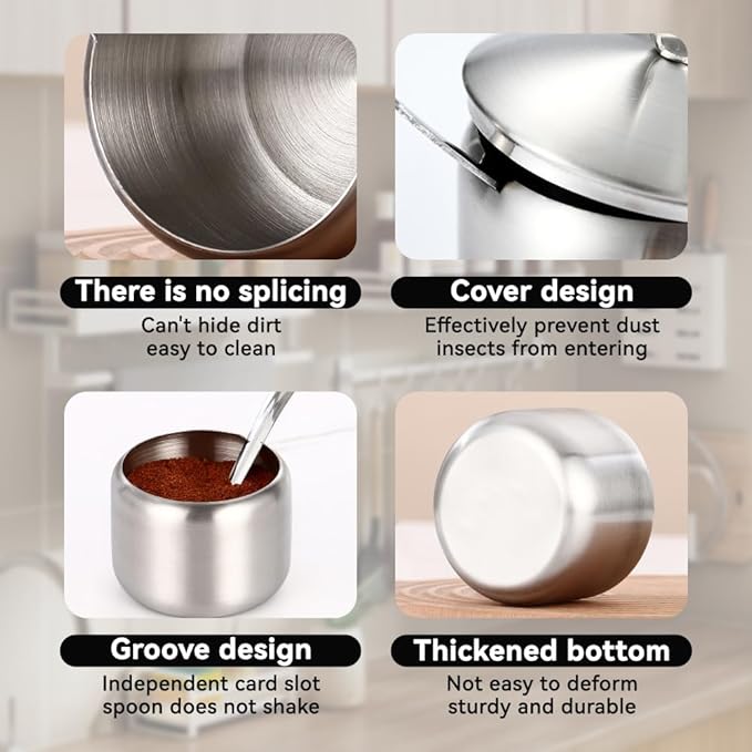 304 Stainless Steel Sugar Bowl with Lid and Spoon Salt Pepper Spices Bowl Spice Jar Seasoning Pot Condiment Container for Home Kitchen 14.5oz/430ml (Gold 1, 2PCS)