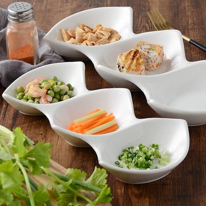 Ceramic cutlery salad bowl 19 Oz Sauce Dish White Ceramic 3 Compartment Divided Appetizer Plates Soy Sauce Dipping Dishes Ketchup Vinegar Appetizer or Snack Dessert Condi,White-12.99×6.14×1.89in