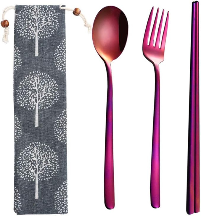 3pcs/6pcs Set Cutlery Dinnerware 304 Stainless Steel Flatware Set Tableware Dinner Spoon Fork Chopsticks Sucker Flatware Serving Sets (Purple - 3pcs)