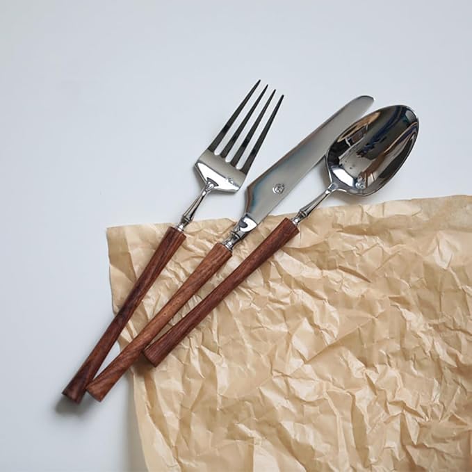 24 Piece Silverware Set Service for 4,Imitation Wooden Handle Steel Flatware Set Vintage Embossed Cutlery Utensil Set Home Kitchen Eating Tableware Set Include Fork Knife Spoon Set Dishwasher Safe
