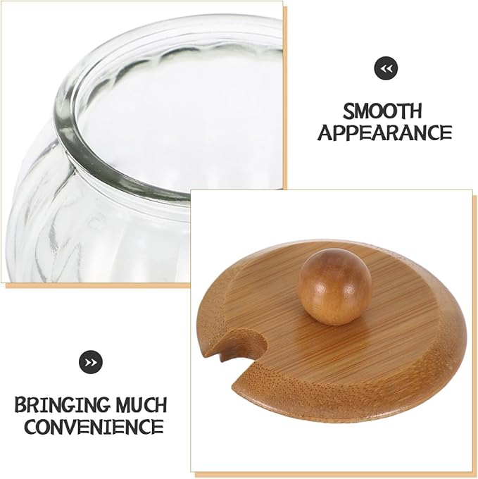 LIFKOME Clear Glass Sugar Bowl With Wooden Lid and Spoon Pumpkin Shaped Clear Glass Candy Jar Glass Sugar Storage Dispenser Container Seasoning Box Salt Bowl for Home Kitchen