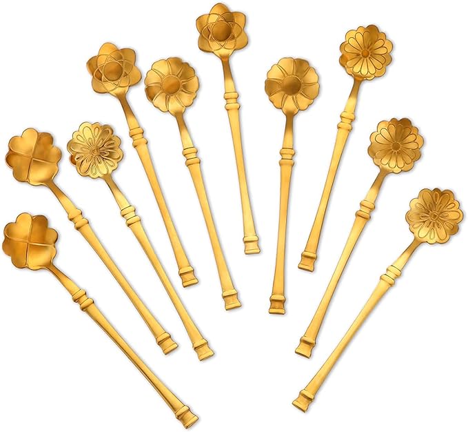 10 Pcs Flower Spoon Coffee Teaspoon Set, Stainless Steel Tableware Creative Dessert Spoons Sugar Coffee Teaspoon Ice-Cream Mixing Stir Bar Ice Tea Spoon (Gold)