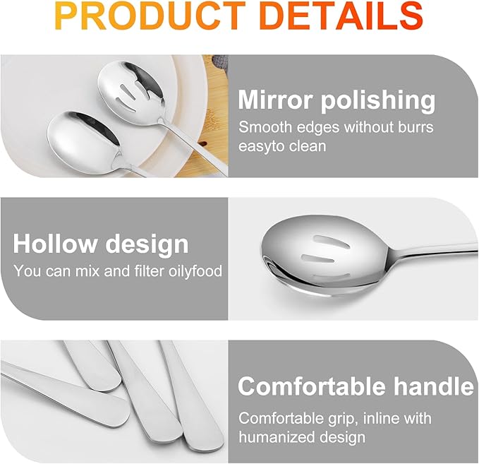 Serving Spoons Set, Includes 3 Spoon and 3 Slotted Spoon, Stainless Steel Serving Utensils for Banquet, Cooking and Kitchen Gdotmely Large Serving Spoons