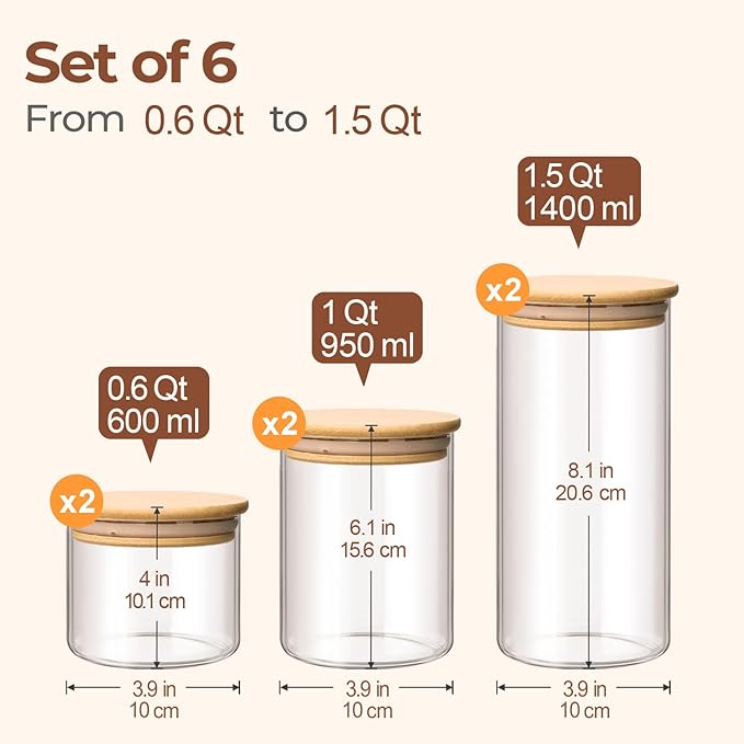 Comsaf Glass Storage Containers With Lids Set Of 6 (0.6qt/1qt/1.5qt),Glass Pantry Storage Containers, Glass Jars With Lid, Glass Canisters For Kitchen Flour Cereal Sugar Tea Coffee Beans Snacks