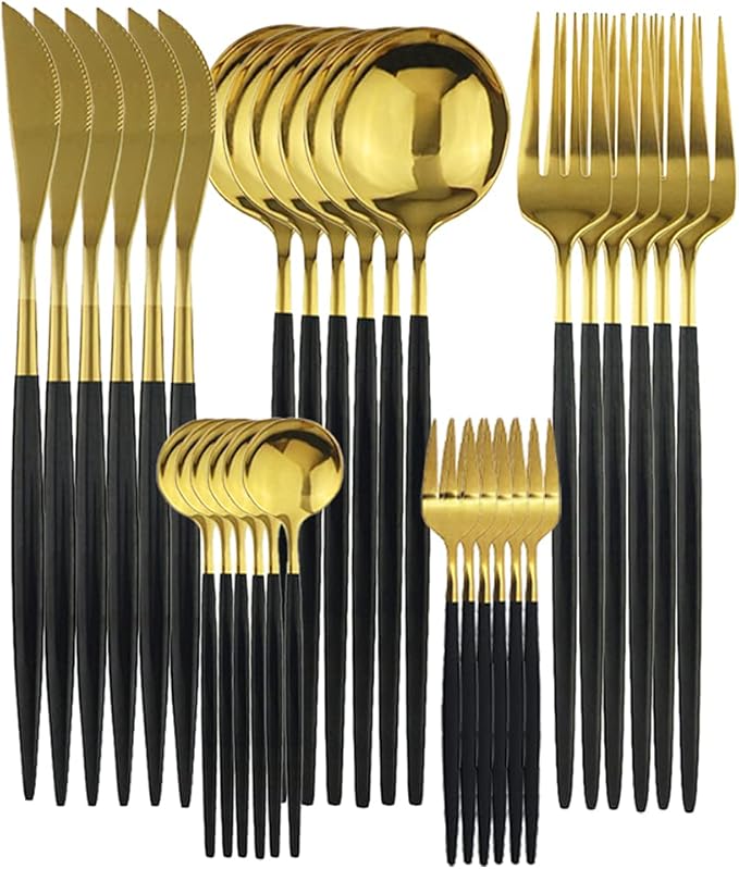 Gugrida Black Flatware Serving Set 30 Piece, 304 Stainless Steel Silverware Set,Black Golden Cutlery Set, Modern Elegant Tableware Set for Party, Christmas, Dinner (Black Gold)