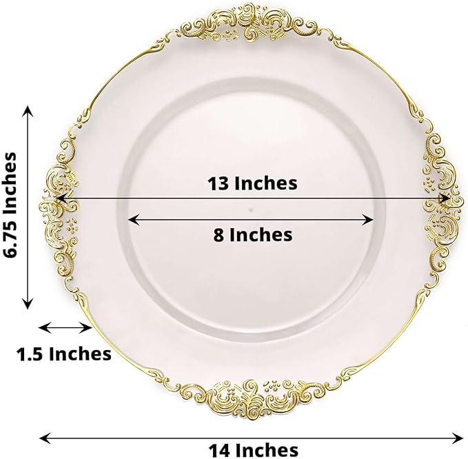 13" Charger Plates -Set of 12 - Acrylic Clear Gold Round Baroque Disposable Chargers Leaf Embossed Rim, Ideal for Dinner Party Wedding Bulk Events