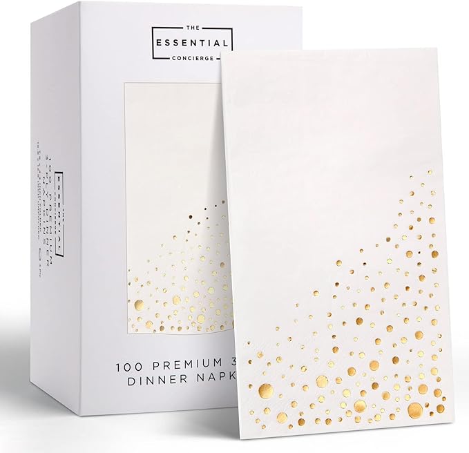 Stylish Gold Dinner Napkins, Disposable White and Gold Napkins, 100 Pack Party Napkins, 7.5 x 4.25 Inch Wedding Napkins for Reception, 3-Ply Paper Dinner Napkins for Wedding Reception