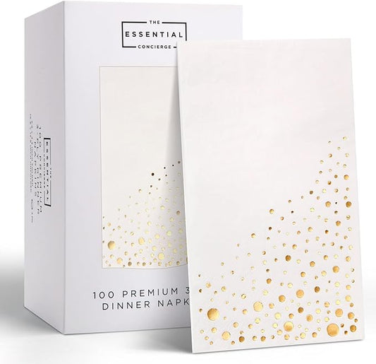 Stylish Gold Dinner Napkins, Disposable White and Gold Napkins, 100 Pack Party Napkins, 7.5 x 4.25 Inch Wedding Napkins for Reception, 3-Ply Paper Dinner Napkins for Wedding Reception