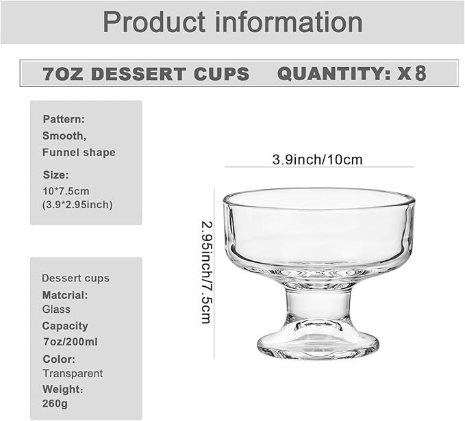 8 Pack Glass Ice Cream Cups,Glass Dessert Bowls,7oz Mixed Drinks Cups for Drinks,Dessert,Nuts,Fruit, Pudding,Snack,Cocktail Party (8)