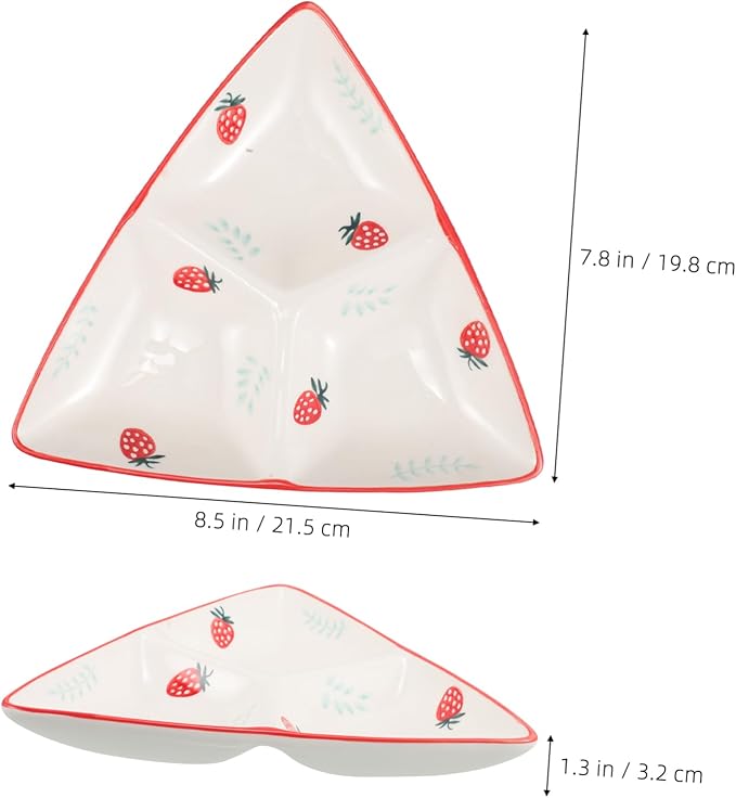 VALICLUD Ceramic Triangular Divided Plate Cute Strawberry Pattern Creative Design for Serving Snacks Appetizers and Meals for Family Use Easy to Clean Charming Table Decor