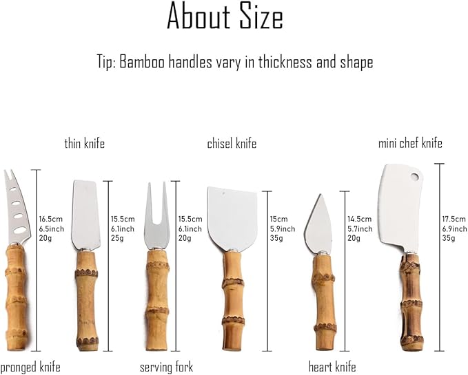Gugrida Flatware Silverware Serving Set Silver Stainless Steel Hostess Serving Utensil Set with Bamboo Handle Dishwasher Safe, 6pieces Cheese Knife Set