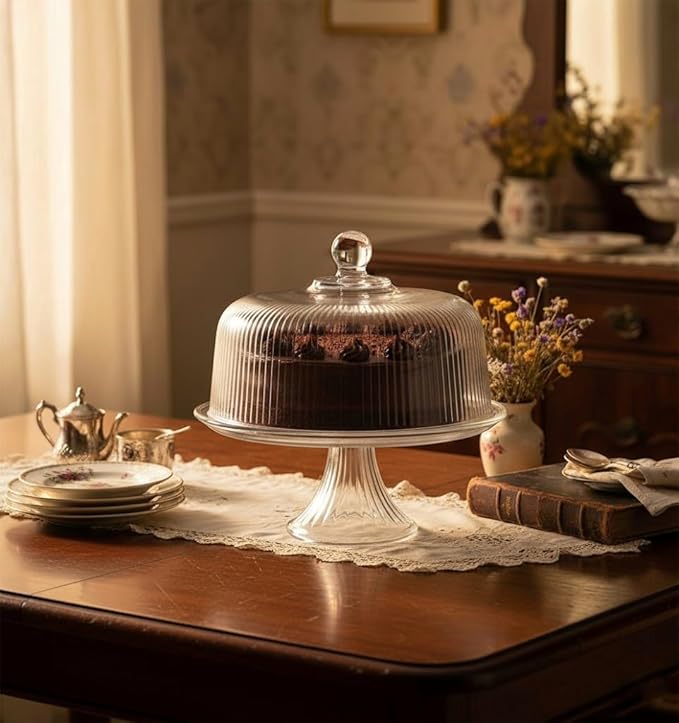 Vintage-Style Glass Cake Stand with Dome Lid – Crystal Dessert Display Stand for Cakes, Cupcakes, Pastries & Fruits – Elegant Glass Cake Holder with Cover, Timeless Table Décor