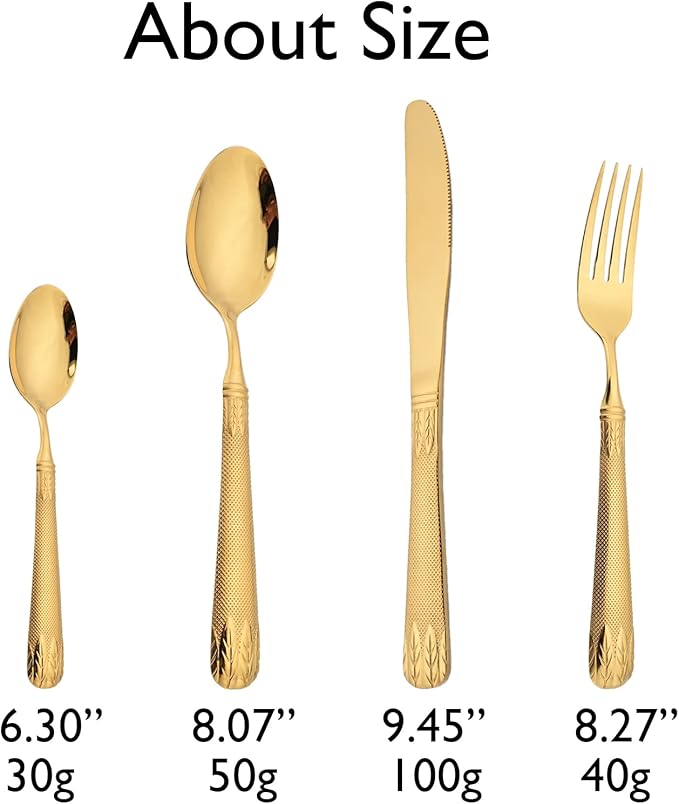 JASHII 304 Stainless Steel Hammered Silverware Set with Wheat Spike Pattern, Modern Eating Tableware Flatware Set, Service for 6. Flat Handle, Dishwasher Safe - Shiny Gold