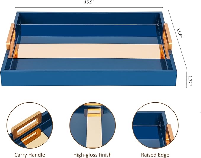 Navy Blue Coffee Table Tray, Decorative Serving Tray, Rustic Wood - Coffee Table Decor with Gold Handles, Rectangle for Home Decor