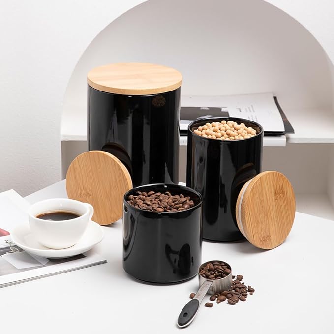 Sweejar Kitchen Ceramic Food Storage Containers Set, Stackable Canisters for Countertop with Airtight Boomboo Lids for Serving Ground Coffee, Tea, Sugar, Salt and More- Set of 2 (Black)