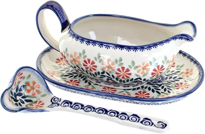 Blue Rose Polish Pottery Garden Bouquet Gravy Boat & Ladle