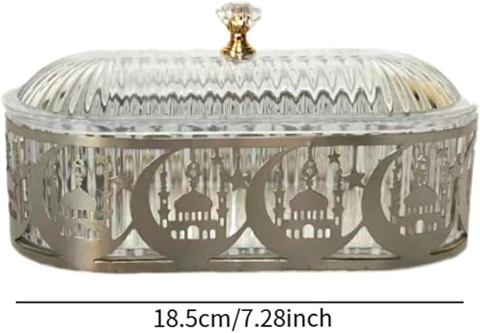 Eid Mubarak Snack Tray with Lid Ramadan Serving Trays Iron Candy Dish with Lid Desktop Storage Box Islam Eid Dinner Plate for Ramadan Mubarak Party Supplies - Silver