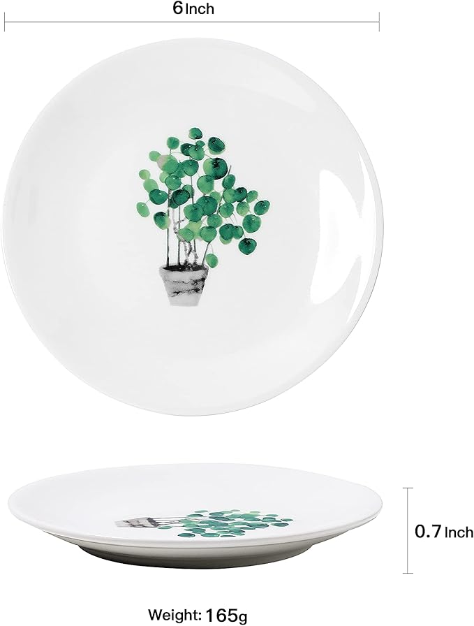 6 Inch Set of 6 Assorted Designs, Small Porcelain Plates with Plants Pattern,White Ceramic Dinnerware for Appetizer Luncheon Snacks Dessert Serving Bread, Microwave Oven Dishwasher Safe