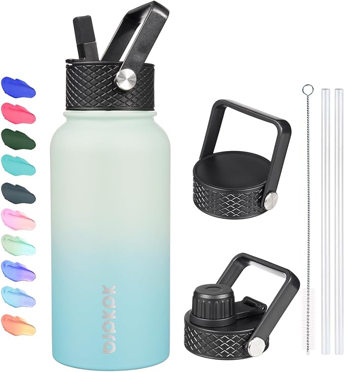 BJPKPK Insulated Water Bottles with Straw Lid, 27oz Stainless Steel Water Bottle with 3 Lids, Leak Proof BPA Free Metal Thermo, Mugs, Tumblers, Keep Cold Hot - Mint