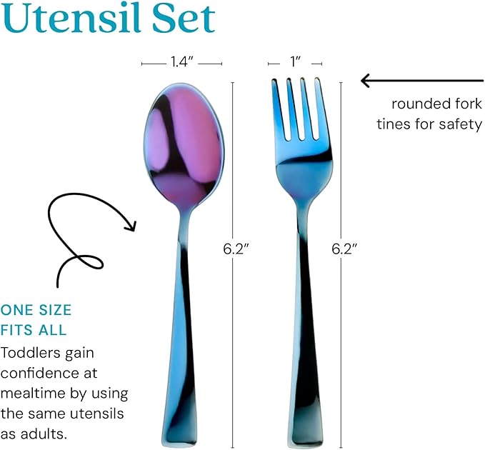 Ahimsa Stainless Steel Kids Utensils Set, Pediatrician Designed, Colorful Kids Silverware, Non Toxic, Dishwasher Safe, Iridescent Blue Fork and Spoon