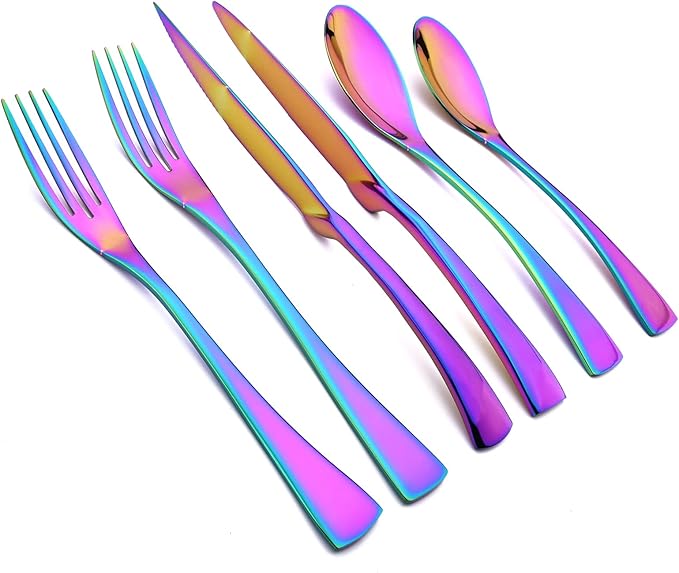 24-Piece 304 Silverware Set, Mirror Polish Serving Flatware Cutlery Set Include Steak Knife Fork Spoon, Wedding Kitchen Restaurant Utensils Daily Use, Service For 4, Rainbow