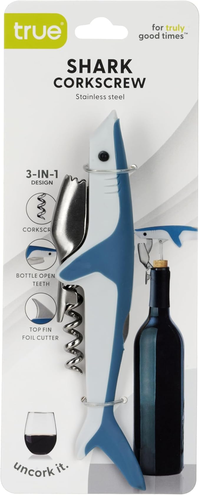 True Shark Waiters Corkscrew Wine Opener with Sharp Foil Cutter, Durable Stainless Steel and & Soft Touch Plastic Perfect for Home Bar, Kitchen, Outdoor Party, Gifts for Wine Lovers, Set of 1