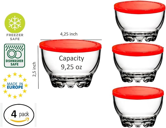 BOHEM'S Clear Glass Bowls Set for Kitchen, Small Serving Bowls for Dessert, Snack, Cereal, Fruit, Nuts, Ice Cream, Dipping Prep Bowls, 9.5 oz, Set of 4 (Clear with Lids)