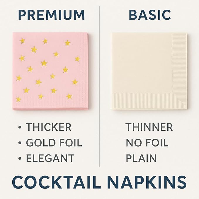100 Pink Cocktail Napkins with Gold Foil Stars - Elegant 2- Ply Disposable Beverage Napkins for Weddings, Birthdays, Baby Showers, Bridal Parties & Events