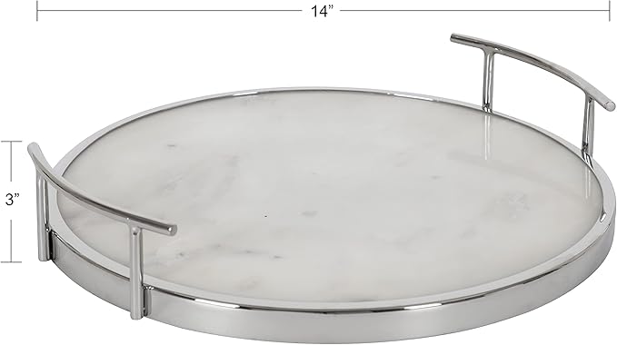 Kate and Laurel Marbury Modern Round Marble Tray; 14 Inch Diameter; Silver; Decorative White Marble Tray for Display and Storage