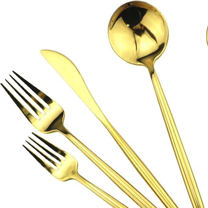 Gugrida Portable Silverware Set - 5-Piece Flatware Cutlery Set - 18/10 Stainless Steel - Mirror Polishing Gold - Travel Elegant Modern Utensils - Service for 1 Include Steak Knife Dinner Fork Spoon