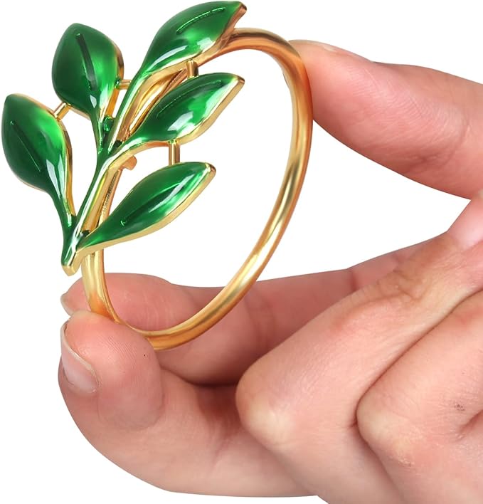KPOSIYA Set of 12 Leaf Napkin Rings Metal Gold Napkin Holder Table Napkin Rings for Thanksgiving Day Christmas Dinning Table Parties Everyday (Ye Zi-Green 12)